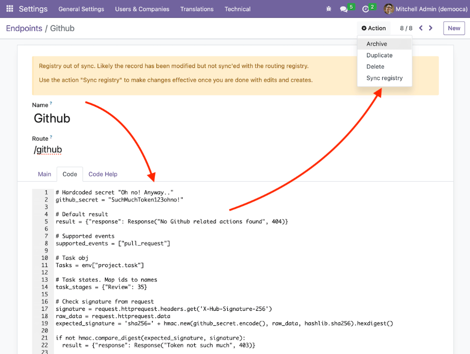 Endpoint code tab with Python script