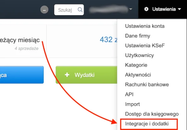 Integrations and add-ons menu in Fakturownia