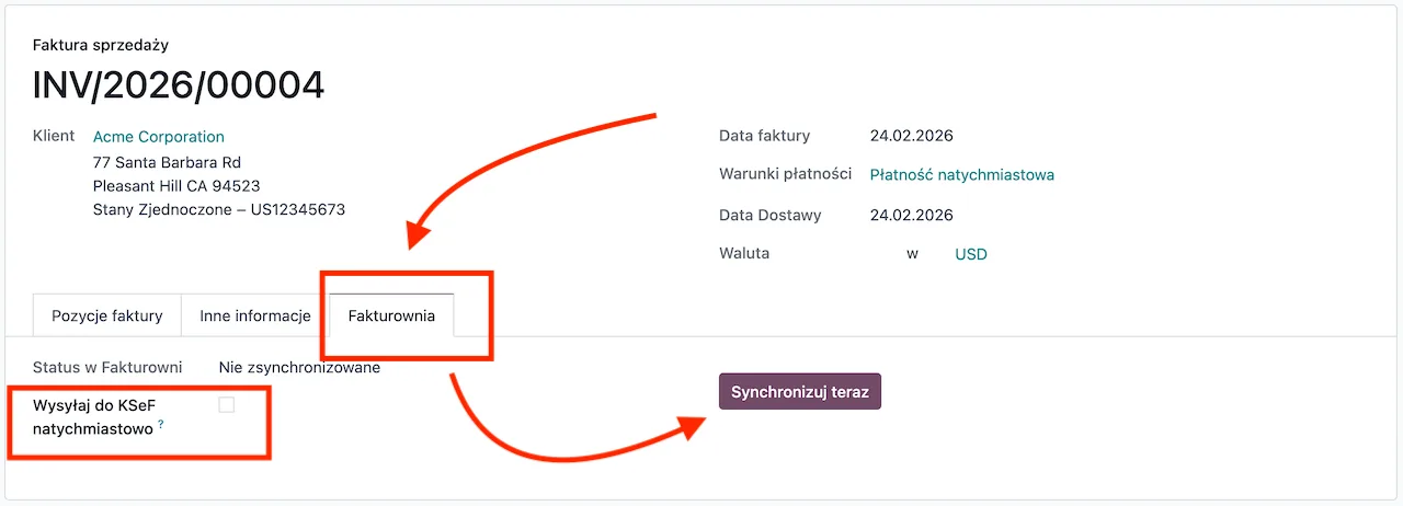 Invoice form with Fakturownia tab and KSeF option