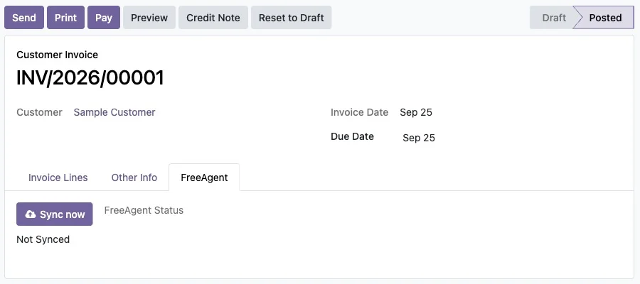 Odoo customer invoice with the FreeAgent tab