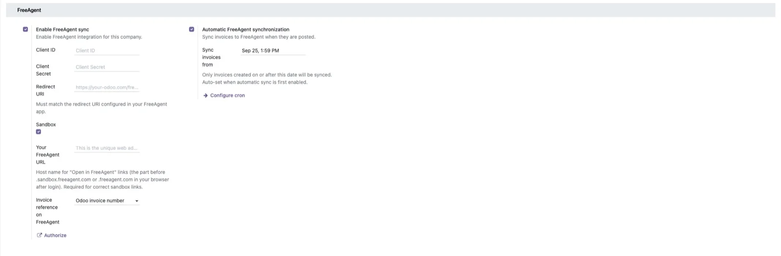 FreeAgent settings in Odoo
