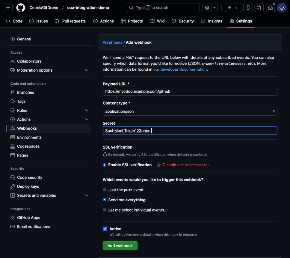 GitHub webhook configuration form with payload URL and secret fields
